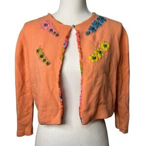 Vintage 60s Size Medium Womens Crop Embellished Cardigan Silk Appliques Beading